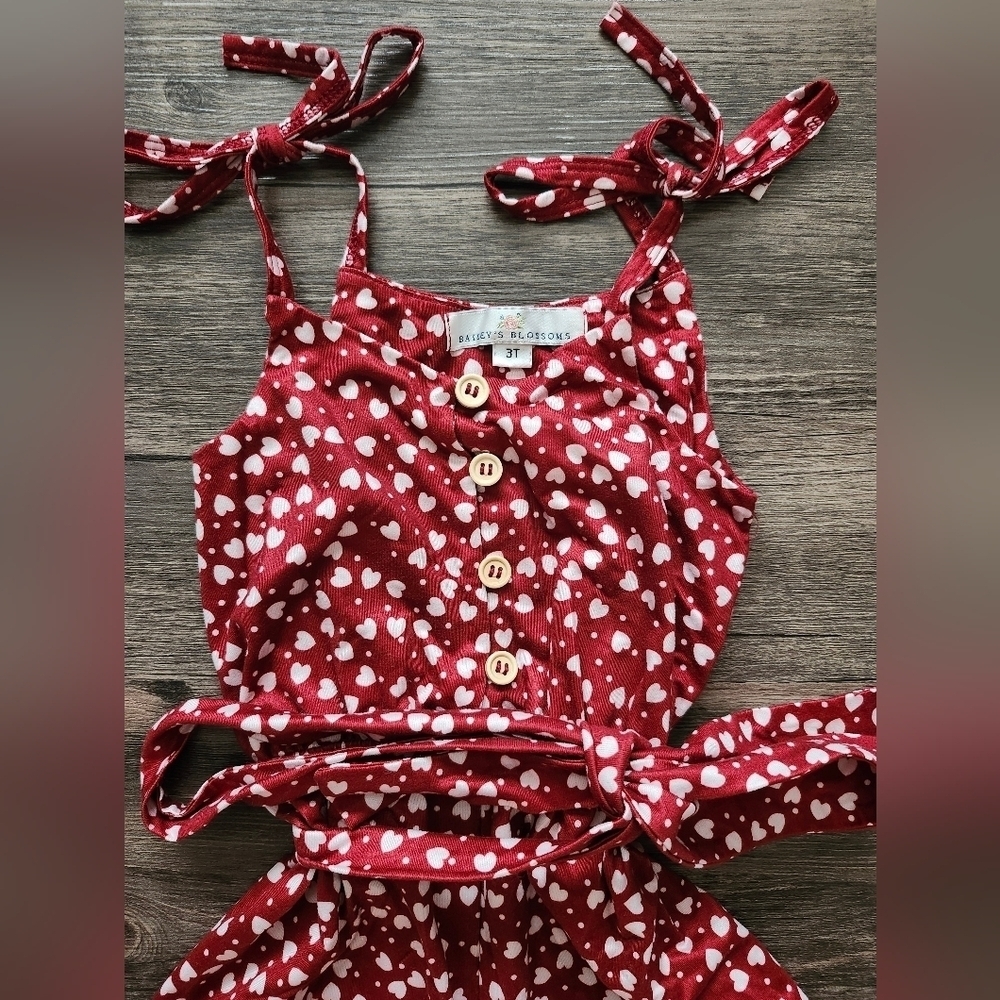 Bailey's Blossoms Red and White Heart Print Romper with Ruffled Details - Picture 4 of 6